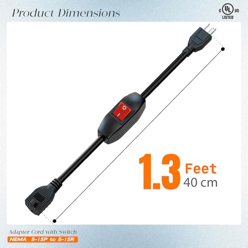 Inline On/Off Switch Extension Cord, Plugrand 3-Prong Household Switchable Power Cords, Heavy Duty 15A 125V, Double Break Switch Extension Cable, 40CM Cord