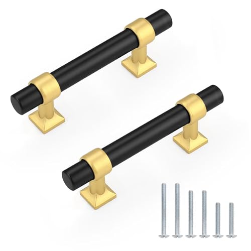 5Pack Hole Centers 2.5inch(64mm) Black Cabinet Handles with Brushed Brass Base T Shaped Kitchen Cabinet Pulls Hardware Pull Handle for Cabinets Dressers 4inch Total Length - color: Black with Brushed Brass Base, size: Hole Centers: 2.5inch
