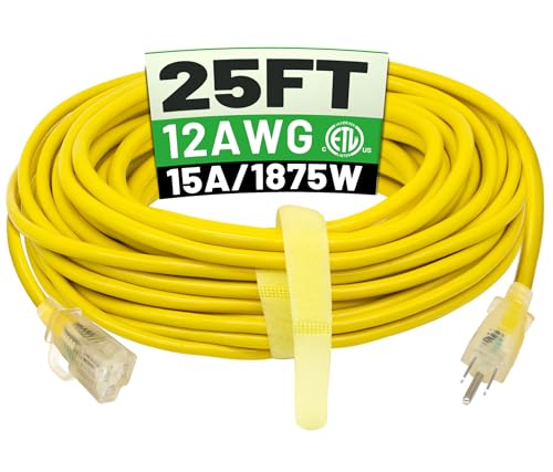 POWGRN 25 ft 12/3 Outdoor Extension Cord Waterproof Heavy Duty with Lighted Indicator End 12 Gauge 3 Prong, Flexible Cold-Resistant Long Power Cord Outside, 15Amp 1875W SJTW Yellow ETL Listed - color: Yellow, size: 25FT