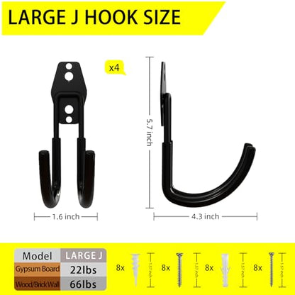 4 Pack Garage Hooks Heavy Duty with Anti-Slip Coating, Steel Utility Ladder Hooks for Hanging Garden Tools, Hoses, Ropes, Bikes and More (4.3in) - size: 4.3in