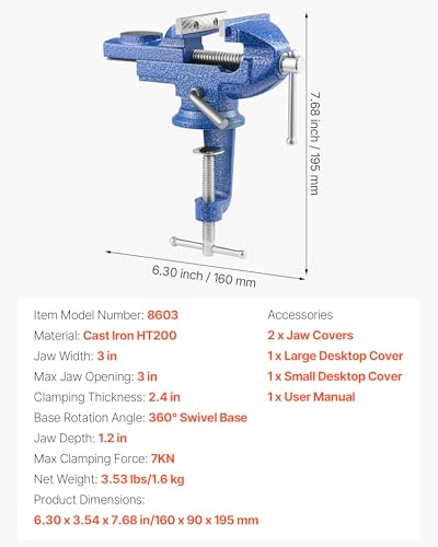 VEVOR Bench Vise, 3 Inch, Portable Workbench Vice with 360° Swivel Base, Quick Release Rotating Bench Clamp, Raised Base, Cast Iron Construction, for Woodworking, Metalworking, Drilling, and Cutting - size: 3inch