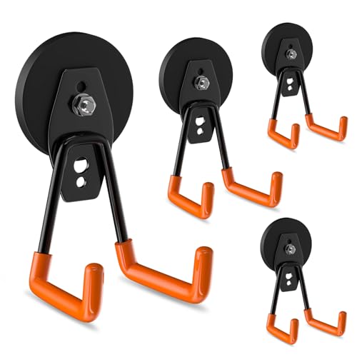 ENUODA Strong Magnetic Hooks Heavy Duty 4 Pack Magnet Garage Hook Heavy Duty Rare Earth Magnets Utility Storage Hooks for Hanging Ladder, Power Tool, Toolbox, Shovel, Broom, Extension Cord - color: Orange