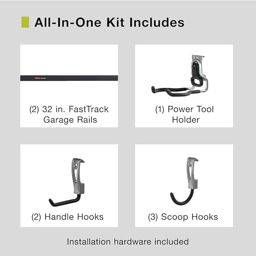 Rubbermaid Garage FastTrack 8-Piece Small Kit Black/Grey All-in-One Rail & Hook Wall Hanging Kit Wall Mounted Storage Solution for Home/Garage - size: 1 Rail, 7 Hooks