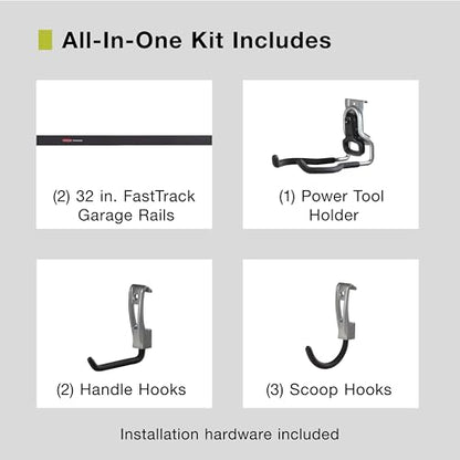 Rubbermaid Garage FastTrack 8-Piece Small Kit Black/Grey All-in-One Rail & Hook Wall Hanging Kit Wall Mounted Storage Solution for Home/Garage - size: 1 Rail, 7 Hooks