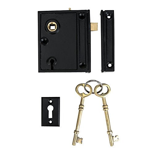 A29 Cast Iron Rim Lock Heavy Duty, Weather and Rust Resistant, Manual Latch for French & Screen Doors, Easy Install Hardware Included - Black Powder Coat Finish, Compact Size, 3.8" x 3.8", Vertical - style: Vertical Rim Lock