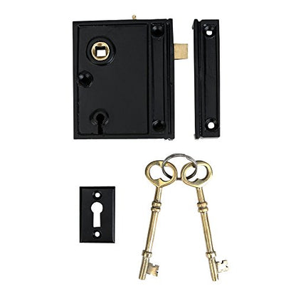 A29 Cast Iron Rim Lock Heavy Duty, Weather and Rust Resistant, Manual Latch for French & Screen Doors, Easy Install Hardware Included - Black Powder Coat Finish, Compact Size, 3.8" x 3.8", Vertical - style: Vertical Rim Lock