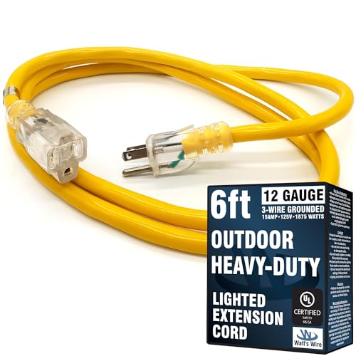 6 ft Short Outdoor Extension Cord Waterproof - 12 Gauge Heavy Duty Extension Cord 6 ft - Lighted Outdoor Extension Cords - Watts Wire - 6' Grounded - size: 6 Ft