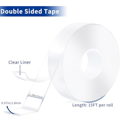 Double Sided Tape Heavy Duty 2 Rolls Nano Tape (Total 30 Feet) for Poster Carpet Picture Hanging Strip Rug Strong Adhesive Multipurpose Clear Mounting Two Stick Sided DIY Tape - size: 30FT