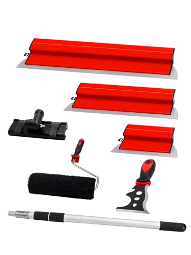 AZUNO Drywall Skimming Blade Set| 10,24,32 Inch Stainless Steel Skimming Blades| 27"-60" Extension Handle, Compound Roller & Putty Knife for Wall & Ceiling Finishing - size: 10+24+32 inch
