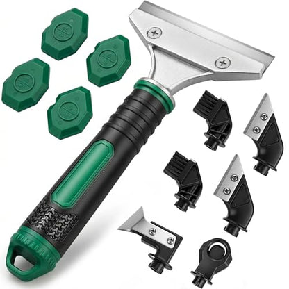 6 in 1 Caulk Remover Tool with Dual-End Multi-Function Handle – Includes Grout Removal Tool for Bathroom, Kitchen, Tile, Shower, Sink & Window Sealing and Cleaning - color: Green