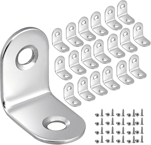 MONKIPAER 20pcs L Brackets Corner Brace, 30mmx30mm Heavy Duty Small Brackets, Stainless Steel Right Angle Brace, 90 Degree for Wood Shelves Dressers Chairs with 40pcs Screws (1.18 x 1.18 inch)