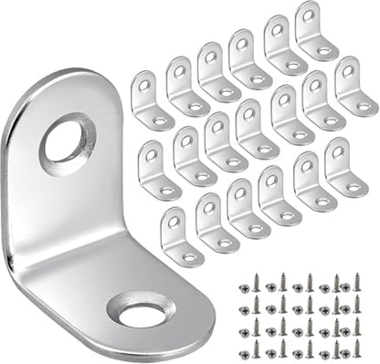 MONKIPAER 20pcs L Brackets Corner Brace, 30mmx30mm Heavy Duty Small Brackets, Stainless Steel Right Angle Brace, 90 Degree for Wood Shelves Dressers Chairs with 40pcs Screws (1.18 x 1.18 inch)