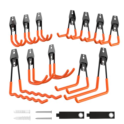 Garage Hooks Heavy Duty, 14 Pack Utility Steel Garage Storage Hook with Straps, Wall Mount Tool Organizer Hooks for Hanging Bike, Ladder and Garden Tools