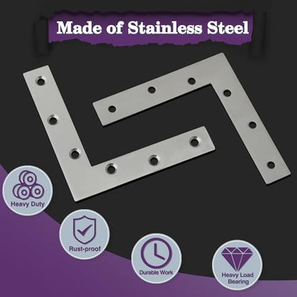 Alise L Flat Brackets,Corner Bracket Corner Brace Mending Plate Repair 4.8''x4.8'' Stainless Steel Flat Braces for Wood Tables, Chairs, Sofas, Beds, Cabinets, Doors and Windows,Brushed,4Pcs - size: 120x120mm(4pcs), style: Brushed