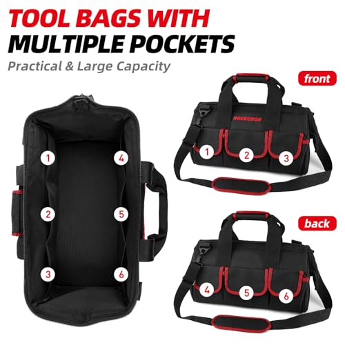 Tool Bag 16'', Multi-pocket Tool Organizer with Shoulder Strap, Heavy Duty Tote with for Tool Storage, Black & Red - color: Red