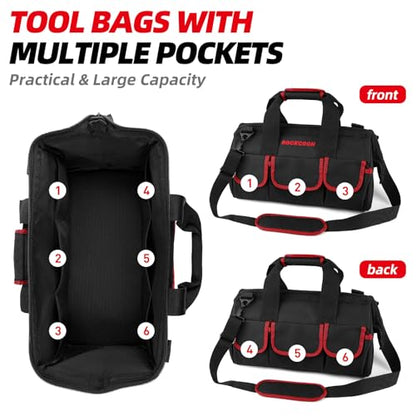 Tool Bag 16'', Multi-pocket Tool Organizer with Shoulder Strap, Heavy Duty Tote with for Tool Storage, Black & Red - color: Red