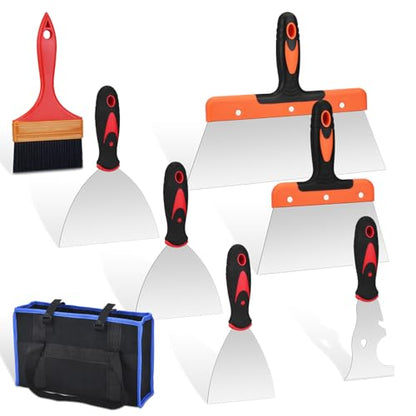 8 PCS Drywall Knife Set, Drywall Hand Tool Kit, Putty Knife in 6 Different Sizes, Brush and Organizer Bag, Spackle Tool Kit for Joint Taping, Finishing, Patching