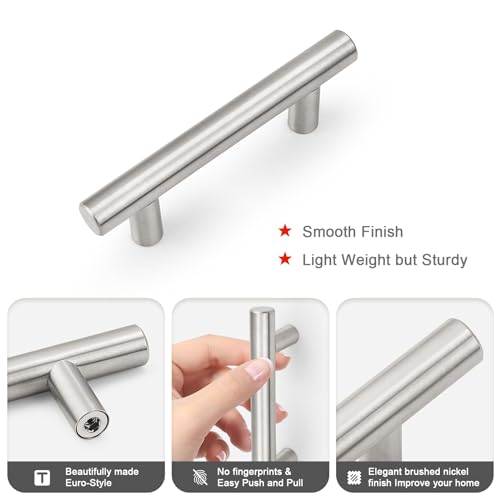 Probrico 5 Pack Hole Centers (64mm) 2.5inch Brushed Nickel Cabinet Handles Modern Stainless Steel Drawer Pulls Euro T Bar Dresser Pull Handle Length 100mm(4inch) - color: Brushed Nickel, size: Hole Centers: 2-1/2"