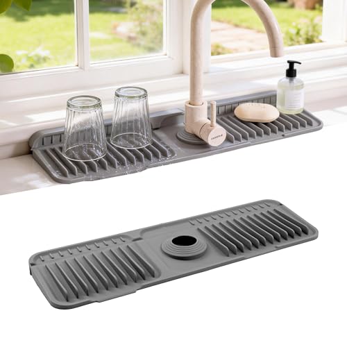 ZJWZLG Faucet Mat for Kitchen Sink, 17.7"X5.5" （Grey）Silicone Sink Protector with 7° Slope & Customizable Hole, Stops Splashes & Drains Water Fast - color: Gray, size: 17.7" x 5.5"
