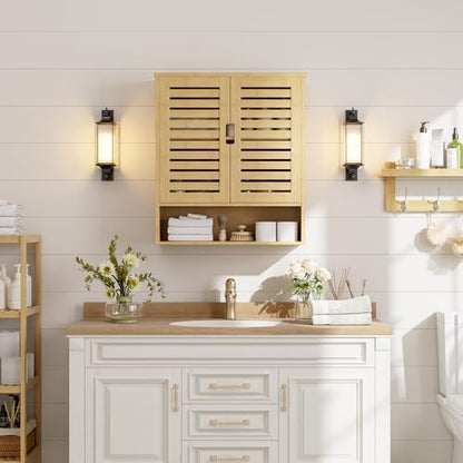 SMIBUY Bathroom Cabinet Wall Mounted, Bamboo Over-The-Toilet Storage Organizer, Space Saver Medicine Cabinet with 2 Door and Adjustable Shelves (Natural) - color: Natural