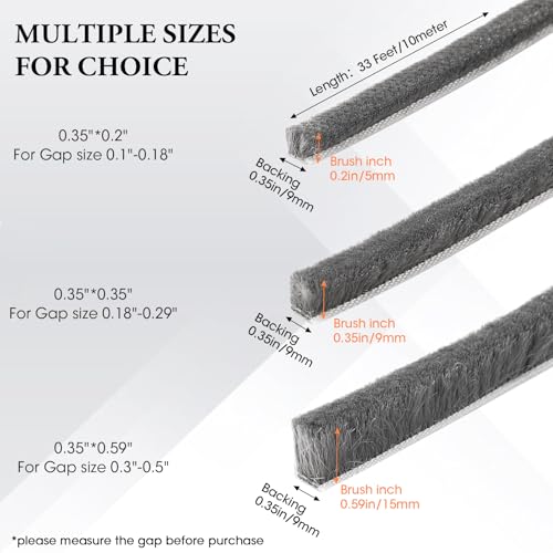 Weather Stripping Door Window Seal, 33Ft Self-Adhesive Brush Door Soundproofing Seal Strip for Sliding Windows and Door Frames, 0.35 Wide X 0.59 Inch Thick, Gray - size: 0.35" Wide x 0.59" Thick