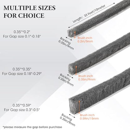 Weather Stripping Door Window Seal, 33Ft Self-Adhesive Brush Door Soundproofing Seal Strip for Sliding Windows and Door Frames, 0.35 Wide X 0.59 Inch Thick, Gray - size: 0.35" Wide x 0.59" Thick