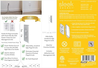 Sleek Socket Original and Patented Flat Ultra-Thin Outlet Concealer with EXTENSIO - size: 8ft - Dual Cords, style: Inverted Outlet