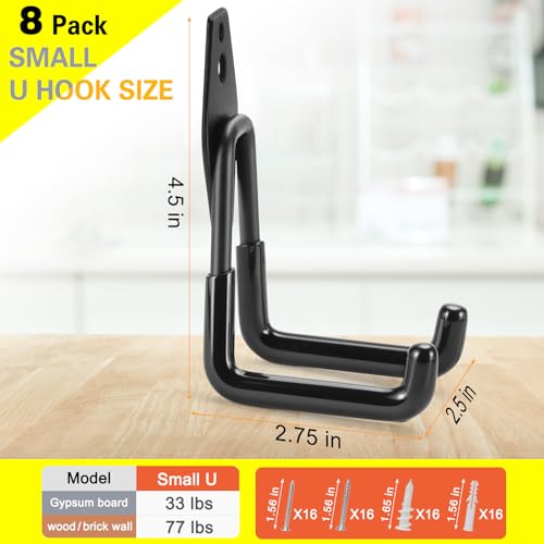 8 Pack Heavy Duty Garage Hooks Storage Organizer Wall Mount Power and Garden Tool Hangers, for Hanging Ladders, Ropes, Hose, Bulk Items - color: Black 8 pack