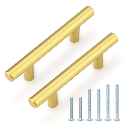 Probrico 5 Pack 3 Inch Center-to-Center Kitchen Cabinet Pulls T Bar Gold Cabinet Handles Modern Drawer Hardware Dresser Pulls, 5 Inch Total Length - color: Gold, size: hole center 3"