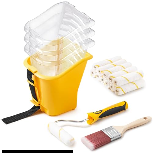 Voomey 18 Pcs Paint Bucket Hand Held, Paint Cup 4 Inch, Paint Brush, Integrated Magnetic Brush Grip, Suitable for Decoration, Repairs, Small Paint and Coating Projects - color: Paint Bucket Kit & Micrfiber Rollers