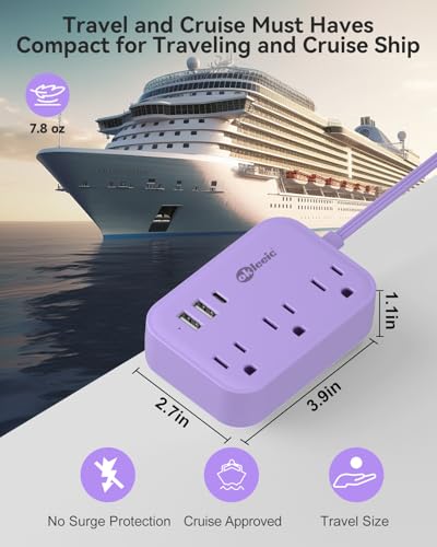 Purple Extension Cord with 3 Outlets & 3 USB(1 USB C), Cute Small Extension Cord 5ft, Travel Power Strip Flat Plug with USB Charging Station, Compact for Cute Purple Kawaii Lavender Desk Accessories - size: 5FT-Purple