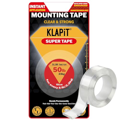 KLAPiT Super Tape Clear Double Sided Heavy Duty Adhesive 40in, Enhanced Nano Technology Waterproof Mounting Tape, Holds 50 lb 1.27lb per Inch