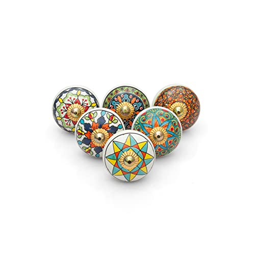 Cabinet Knobs - Pack of 6 - Indian Countryside Colorful Assorted Ceramic Drawer Pull Handle for Kitchen Cupboard Wardrobe Dresser Knob Boho Room Interior Decor - Multicolor - color: Multicolour Mandala