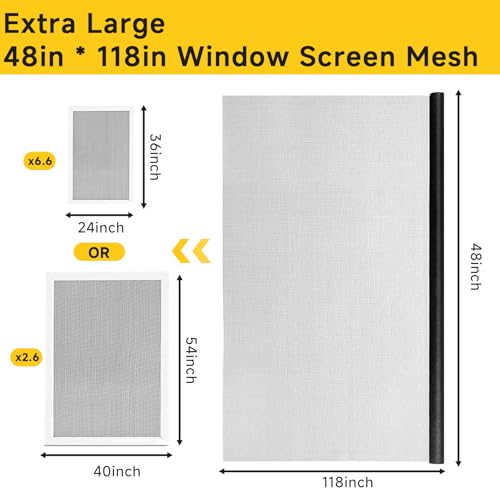 48"x118" Window Screen Replacement Kit & Screen Door Repair Kit, Fiberglass Mesh Roll with Spline, Roller, Hook, Cutter & Ruler, Sliding Screen Door & Window Mesh Replacement for Patio, Porch, Home - size: 48'' x 118''