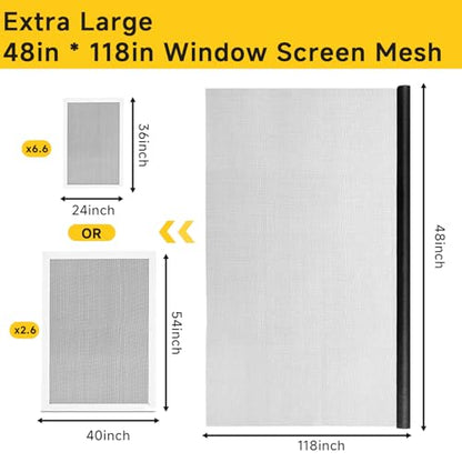 48"x118" Window Screen Replacement Kit & Screen Door Repair Kit, Fiberglass Mesh Roll with Spline, Roller, Hook, Cutter & Ruler, Sliding Screen Door & Window Mesh Replacement for Patio, Porch, Home - size: 48'' x 118''
