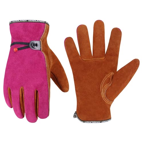 HANDLANDY Leather Work Gloves for Men and Women, Utility Tough Cowhide Glove - color: Camel-pink, size: Men's XL/Women's XXL