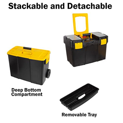 Portable Tool Box with Wheels - Stackable 2-in-1 Tool Chest with Fold-Down Comfort Handles, Tough Latches, and Removable Storage Trays by Stalwart - style: 2-in-1