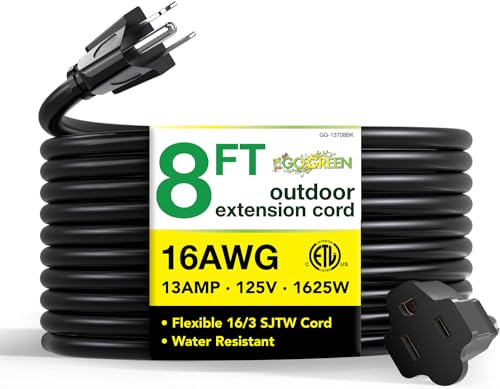 Go Green Power Inc. (GG-13708BK) 16/3 SJTW Outdoor Extension Cord, Black, 8 ft - color: Black, size: 8 ft, style: 16/3