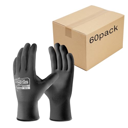 COOLJOB 60 Pairs Safety Work Gloves Pack Bulk with Grip PU Coating, 13 Gauge Seamless Knit Gloves with Polyurethane Dipped for Warehouse Working, Breathable Lightweight for Men Women, Black Small - color: Black, size: Small (Pack of 60)
