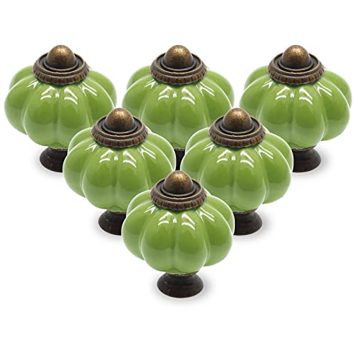 12pcs Grass Green Pumpkin Knobs, Vintage Ceramic Cabinet Handles, Drawer Pulls for Dresser and Door With Mounting Screws - color: Grass Green, size: 12 Pieces