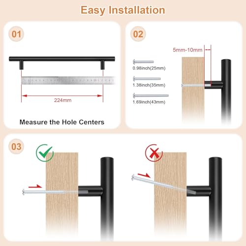 Probrico 5 Pack Stainless Steel Kitchen Cabinet Handles 8.8inch(224mm) Hole Centers,Matte Black Dresser Drawer Pulls,Euro Style Pull Handle 11.3inch Length - size: Center to Center: 8-4/5 inch
