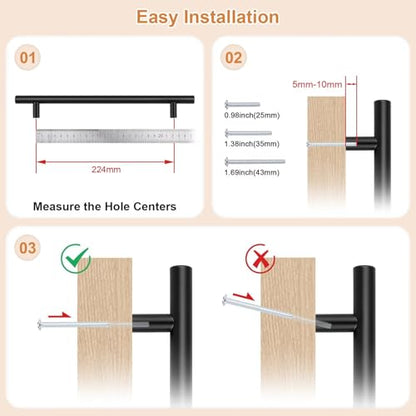 Probrico 5 Pack Stainless Steel Kitchen Cabinet Handles 8.8inch(224mm) Hole Centers,Matte Black Dresser Drawer Pulls,Euro Style Pull Handle 11.3inch Length - size: Center to Center: 8-4/5 inch
