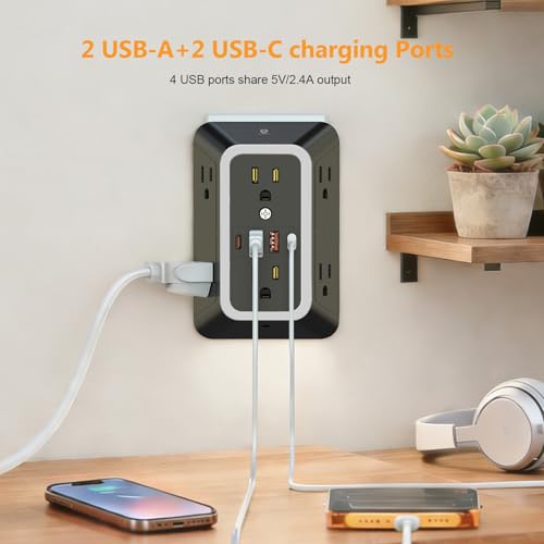 Wall Outlet Extender with Night Light, Power Plug Adapter 6 Outlet Extender with 4 USB Charging Ports（2 USB C）,1050J Power Strip Multi Plug Adapter Spaced for Home Office Travel-Black - color: Black-1Pcs
