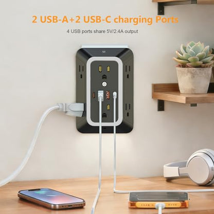 Wall Outlet Extender with Night Light, Power Plug Adapter 6 Outlet Extender with 4 USB Charging Ports（2 USB C）,1050J Power Strip Multi Plug Adapter Spaced for Home Office Travel-Black - color: Black-1Pcs