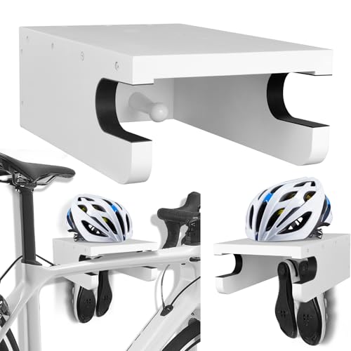 Wooden Bike Wall Mount Rack with Shelf and Hooks for Home, Space-Saving Indoor Horizontal Bike Storage Rack for Garage, Wood Wall Mounted Bike Hangers for Single Road, Mountain Bicycle - color: White