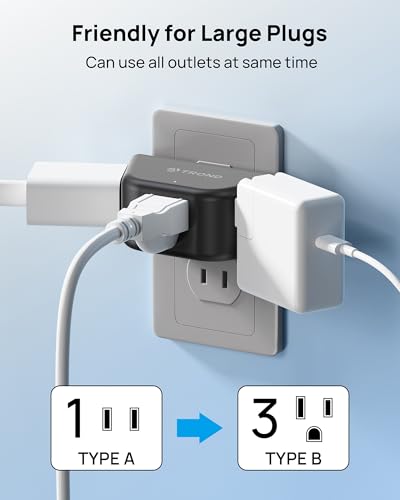 TROND 2 Prong to 3 Prong Outlet Extender, 3-Way Angled Plug Adapter with 3 AC Sockets, Wall Splitter for Non-Grounded Outlets in Old House, Cruise Ship Travel Essentials, Black - color: Black, size: 3AC-2 Prong Plug, 1 Pack