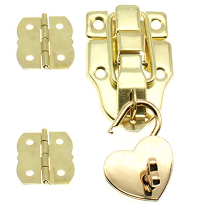 Retro Style Duckbilled Toggle Hasp Latch Heart-Shaped Padlock and Antique Mini Folding Hinge Kit with Mouting Screws for Repair/Decorative Wooden Jewelry Box(Gold)