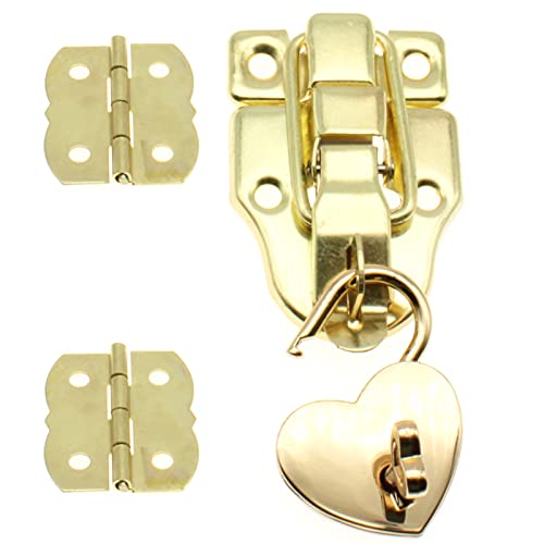 Retro Style Duckbilled Toggle Hasp Latch Heart-Shaped Padlock and Antique Mini Folding Hinge Kit with Mouting Screws for Repair/Decorative Wooden Jewelry Box(Gold)