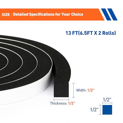 MAGZO Weather Stripping Door Seal, 1/2 Inch Wide X 1/2 Inch Thick Adhesive Foam Tape Soundproof Weatherstripping for Windows, 2 Rolls Total 13FT Black - size: 1/2in * 1/2in * 13ft