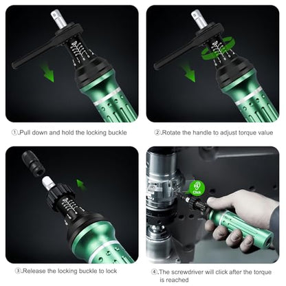 Torque Screwdriver 10-80 in.lb, Torque Screwdriver Set with 1/4" Elastic Bit Holder, 1/4" Bit Adapter, Flat, Hex, Torx and Philips Bits, Suitable for Gunsmithing, DIY, Bicycle Maintenance - size: 10-80 in-lb torque screwdriver set